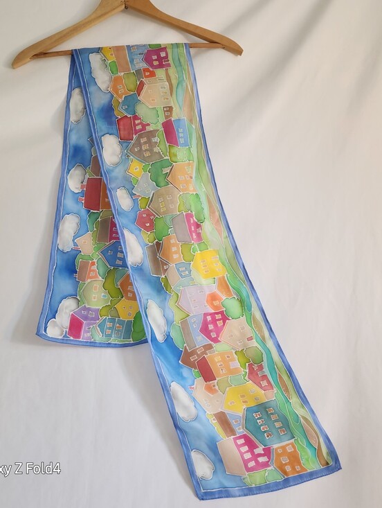 Accessories - Colorful Village Print Silk Scarf - Long Rectangular
